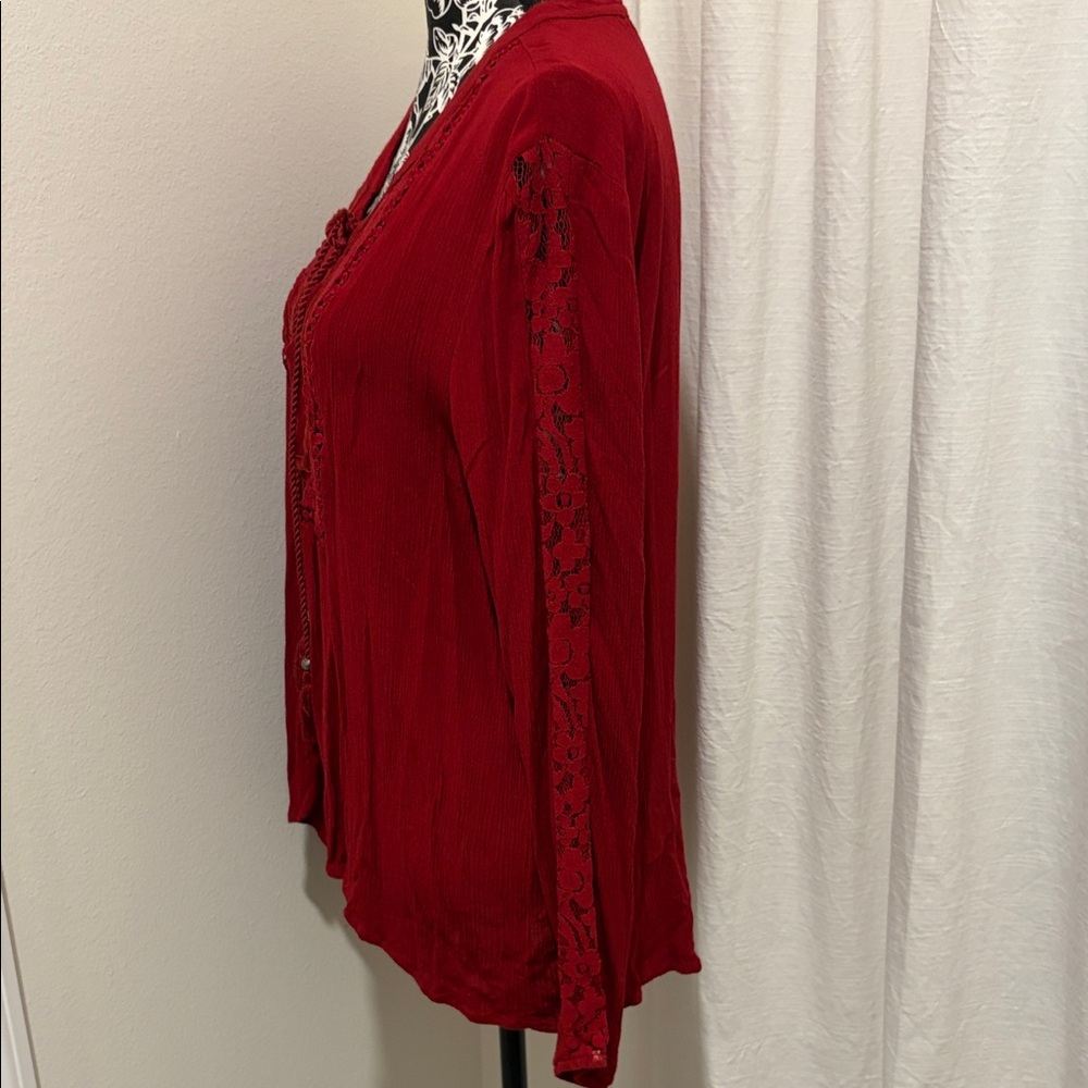 Elegant Lace-Up Blouse in Deep Red - Picture 2 of 9